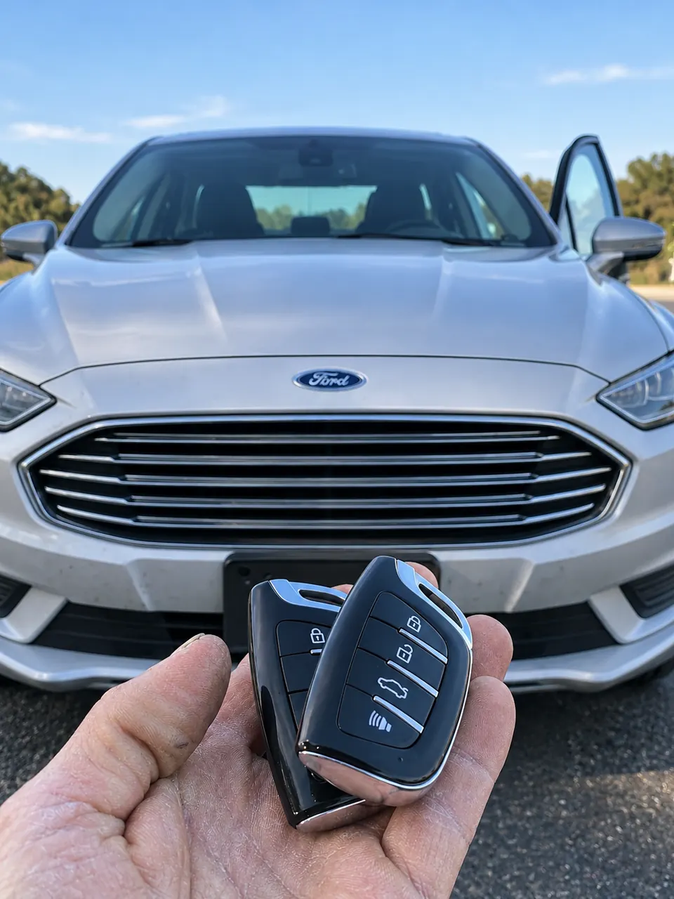 Two Ford key fobs from our team’s work, held in front of a silver Ford car